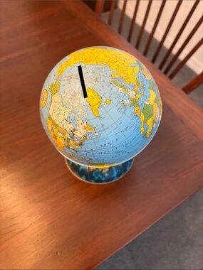Ohio Art Classic Vintage Blue Globe Money Bank John Glenn Orbital Flight Zodiac